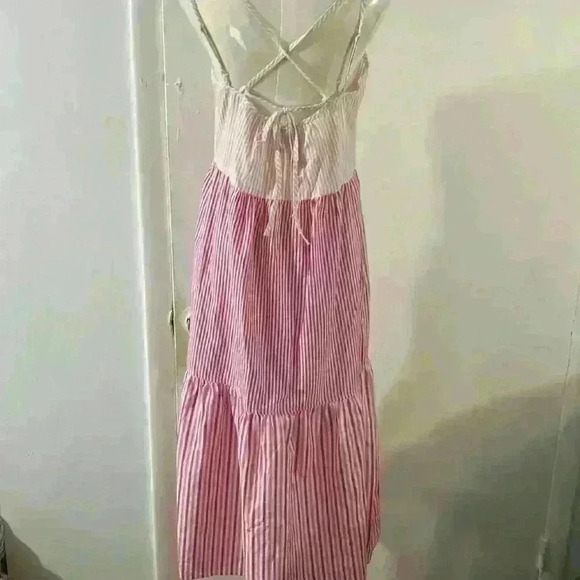 Free Assembly Cotton Pink Striped Tiered Double Strap Maxi Sundress Size S - Picture 5 of 9